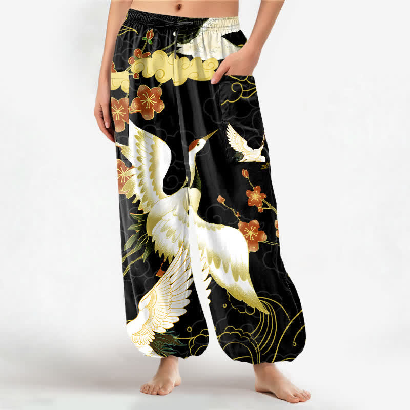Buddha Stones Pantalon harem pour femme en coton à motif de fleurs de grue orientales et de nuages, taille élastique et poches latérales - Noir - US16，UK/AU20，EU48 (3XL) - image 0
