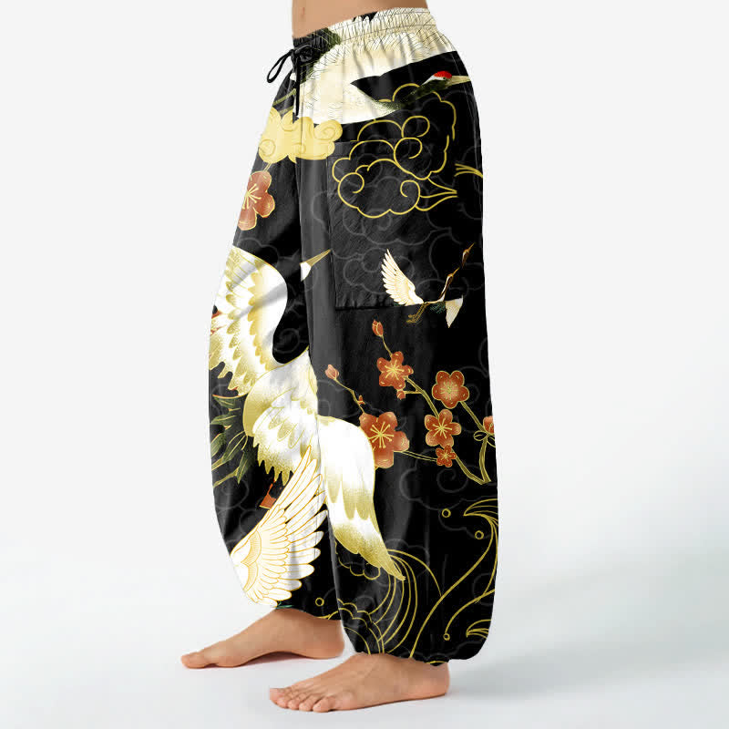 Buddha Stones Pantalon harem pour femme en coton à motif de fleurs de grue orientales et de nuages, taille élastique et poches latérales - image 1