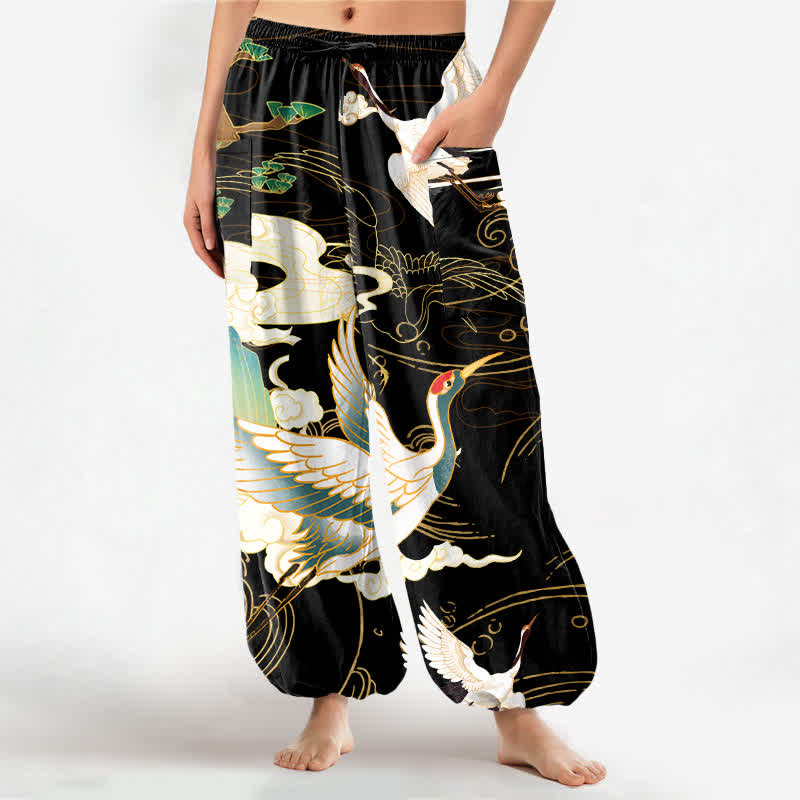 Buddha Stones Pantalon harem pour femme en coton à motif de vagues orientales et de grues, taille élastique et poches latérales - Noir - US16，UK/AU20，EU48 (3XL) - image 0