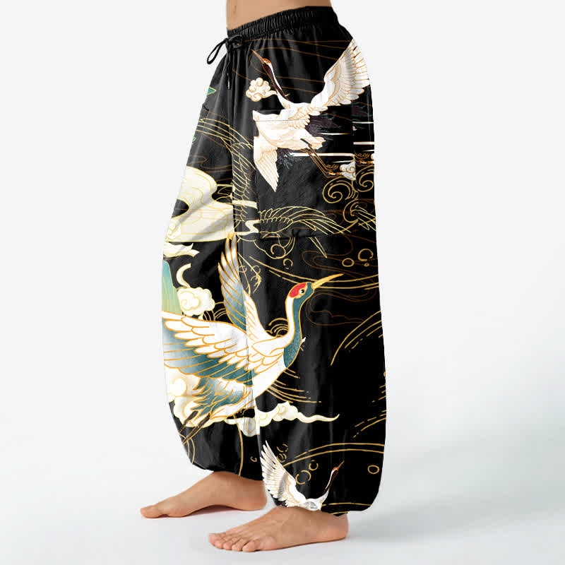 Buddha Stones Pantalon harem pour femme en coton à motif de vagues orientales et de grues, taille élastique et poches latérales - image 1