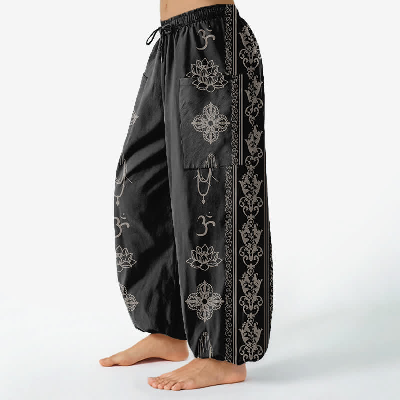 Buddha Stones Pantalon harem pour femme à taille élastique et poches latérales, orné de fleurs de lotus en coton, double motif Dorje Vajra Namaste OM - image 1