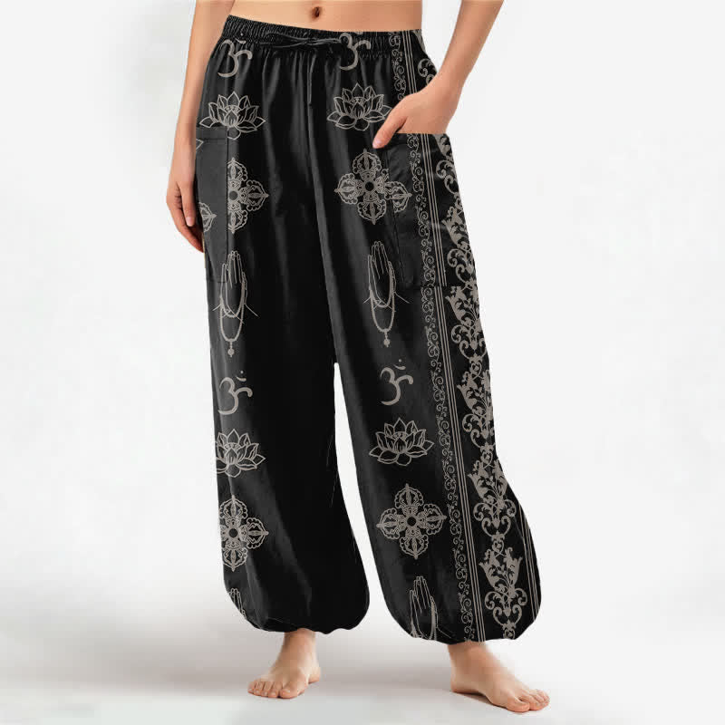 Buddha Stones Pantalon harem pour femme à taille élastique et poches latérales, orné de fleurs de lotus en coton, double motif Dorje Vajra Namaste OM - Noir - US16，UK/AU20，EU48 (3XL) - image 0