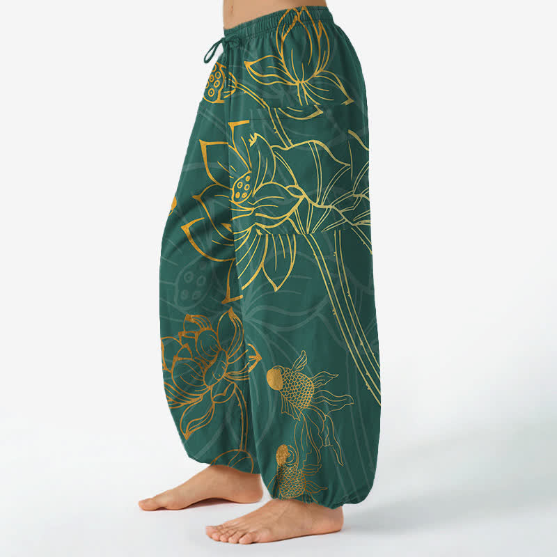 Buddha Stones Pantalon harem pour femme en coton à motif de carpes koï et lotus doré, taille élastique et poches latérales - image 1