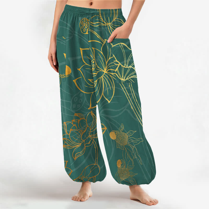 Buddha Stones Pantalon harem pour femme en coton à motif de carpes koï et lotus doré, taille élastique et poches latérales - Sarcelle - US16，UK/AU20，EU48 (3XL) - image 0