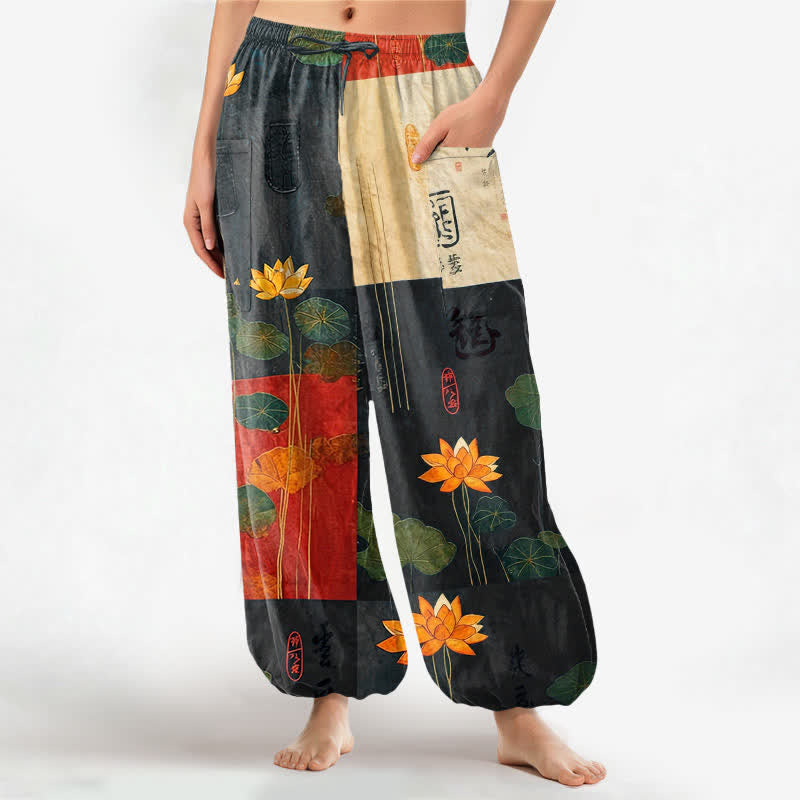 Buddha Stones Pantalon harem pour femme en coton à motif patchwork de feuilles de lotus orientales, taille élastique et poches latérales - Noir - US16，UK/AU20，EU48 (3XL) - image 0