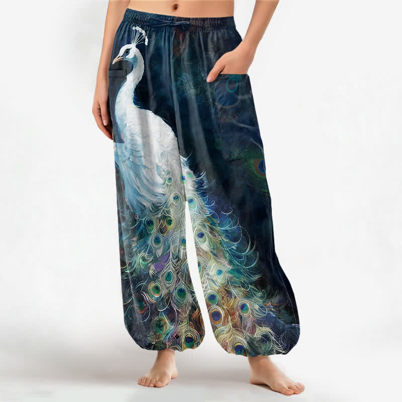 Buddha Stones Pantalon harem pour femme en coton blanc à motif de plumes de paon, taille élastique et poches latérales - Marine - US16，UK/AU20，EU48 (3XL) - image 0