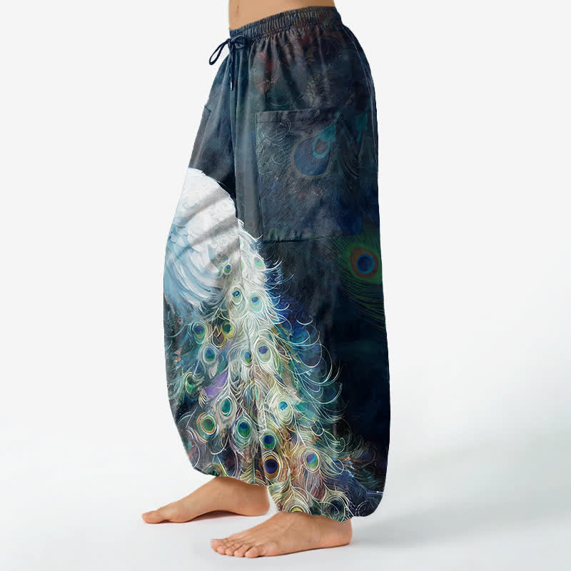 Buddha Stones Pantalon harem pour femme en coton blanc à motif de plumes de paon, taille élastique et poches latérales - image 1