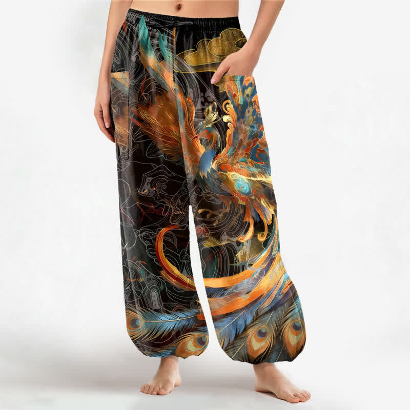 Buddha Stones Pantalon harem pour femme en coton, motif plumes de phénix volant, taille élastique et poches latérales - Noir - US16，UK/AU20，EU48 (3XL) - image 0