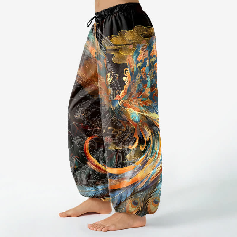 Buddha Stones Pantalon harem pour femme en coton, motif plumes de phénix volant, taille élastique et poches latérales - image 1