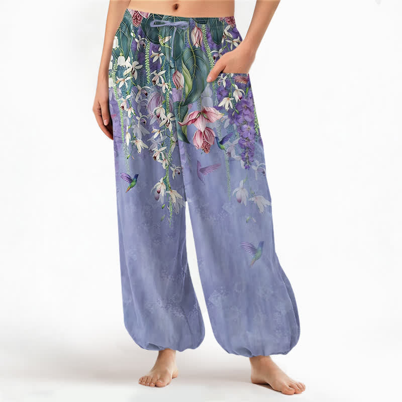 Buddha Stones Pantalon harem pour femme en coton vintage à motif floral et oiseaux glycine, taille élastique et poches latérales - Lavande - US16，UK/AU20，EU48 (3XL) - image 0