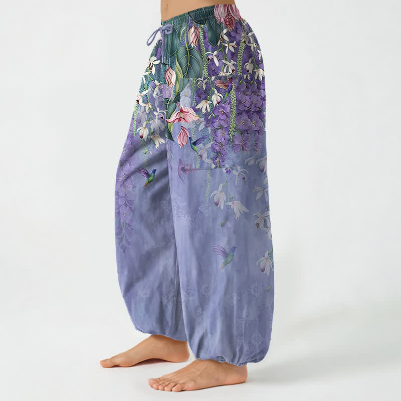 Buddha Stones Pantalon harem pour femme en coton vintage à motif floral et oiseaux glycine, taille élastique et poches latérales - image 1