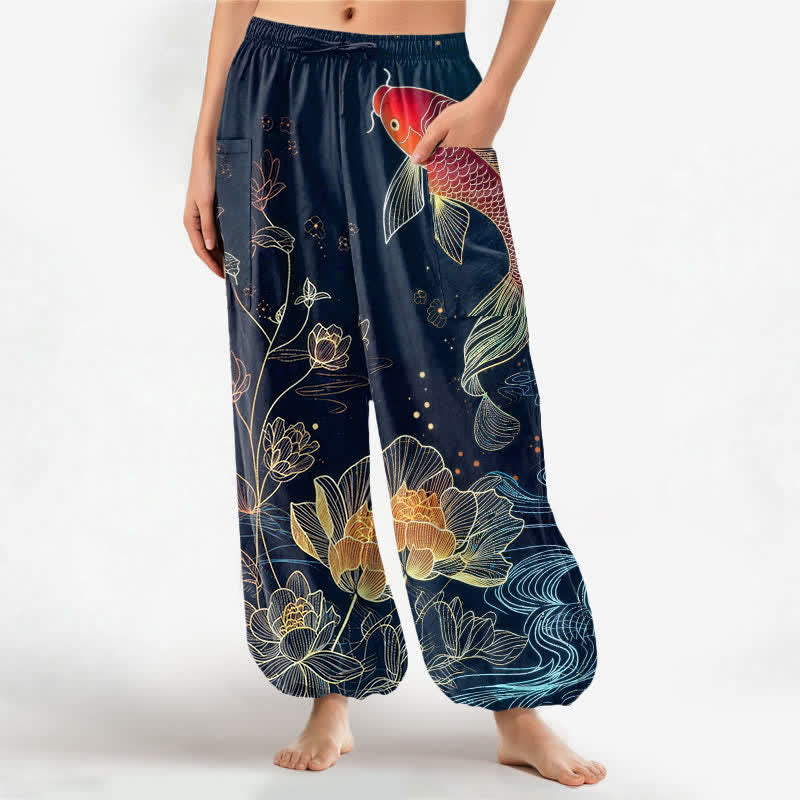 Buddha Stones Pantalon harem pour femme en coton à motif de carpes koï et de fleurs de lotus, taille élastique et poches latérales - Marine - US16，UK/AU20，EU48 (3XL) - image 0