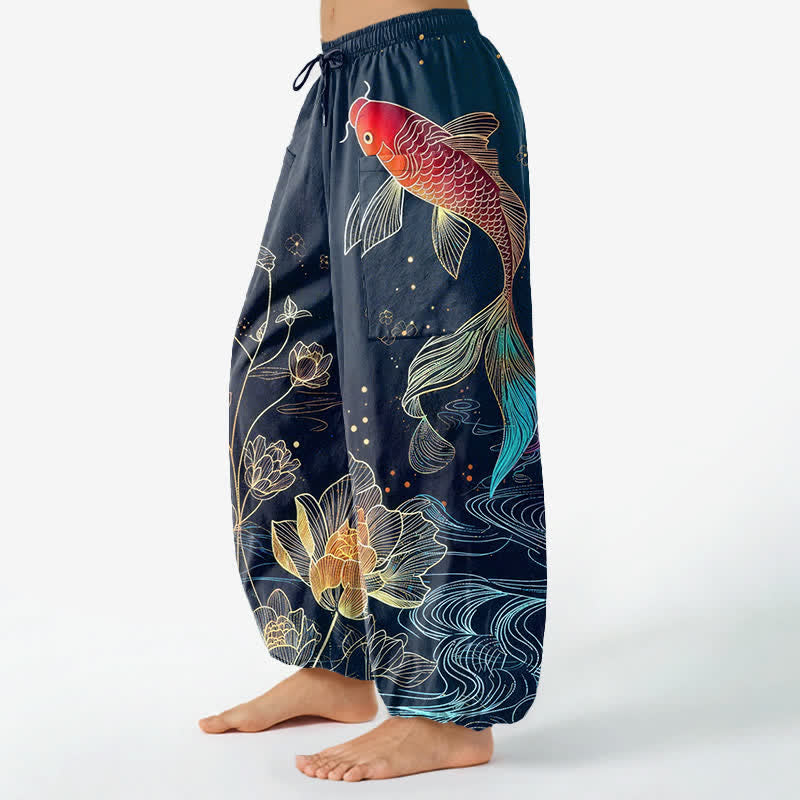 Buddha Stones Pantalon harem pour femme en coton à motif de carpes koï et de fleurs de lotus, taille élastique et poches latérales - image 1
