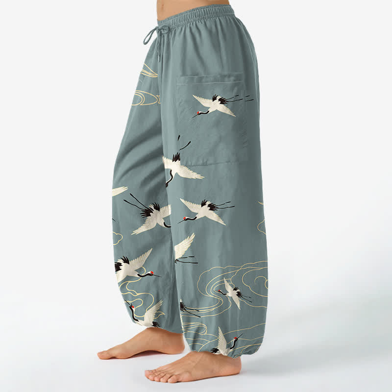 Buddha Stones Pantalon harem pour femme en coton blanc oriental à motif de grues et de nuages, taille élastique et poches latérales - image 1