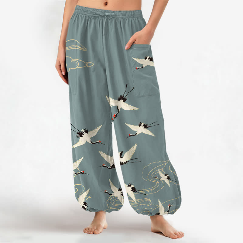 Buddha Stones Pantalon harem pour femme en coton blanc oriental à motif de grues et de nuages, taille élastique et poches latérales - CadetBlue - US16，UK/AU20，EU48 (3XL) - image 0