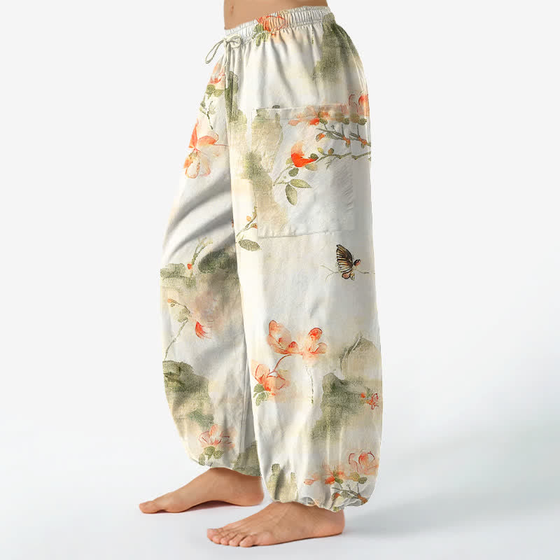 Buddha Stones Pantalon harem pour femme en coton à motif floral aquarelle et papillons, taille élastique et poches latérales - image 1