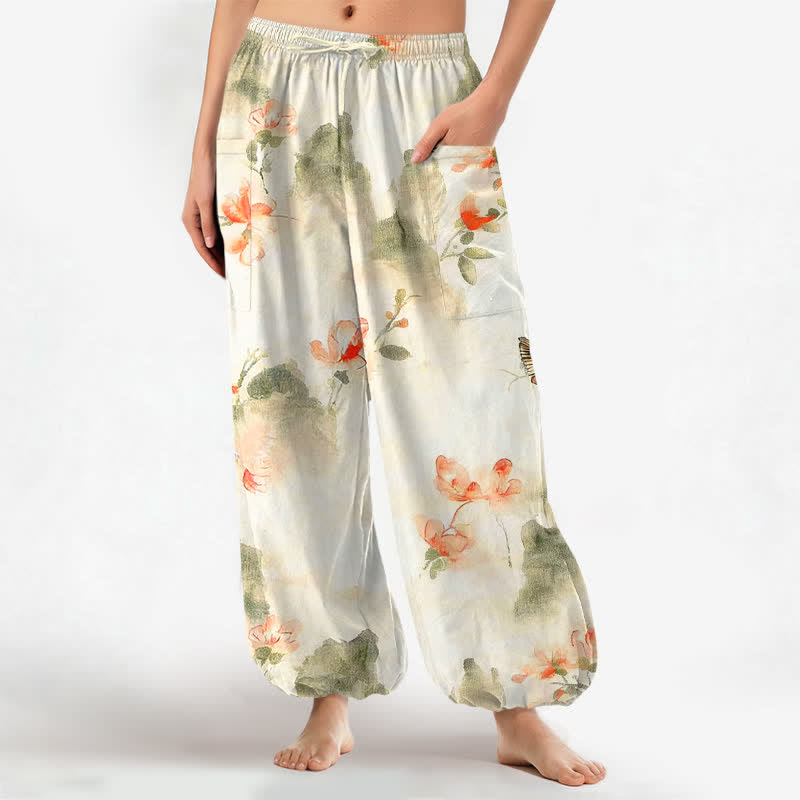 Buddha Stones Pantalon harem pour femme en coton à motif floral aquarelle et papillons, taille élastique et poches latérales - Ivoire - US16，UK/AU20，EU48 (3XL) - image 0