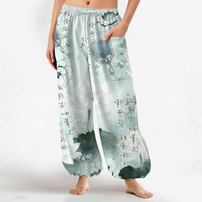 Buddha Stones Pantalon harem pour femme en coton à motif lotus délavé, taille élastique et poches latérales - Turquoise pâle - US16，UK/AU20，EU48 (3XL) - image 0