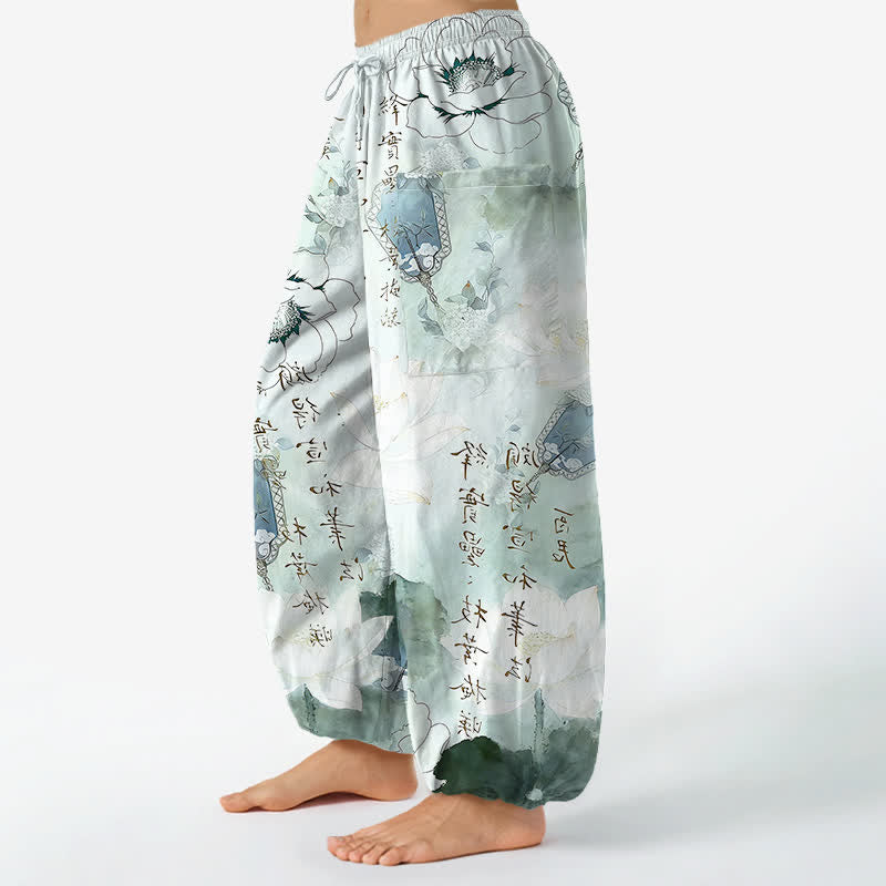 Buddha Stones Pantalon harem pour femme en coton à motif lotus délavé, taille élastique et poches latérales - image 1