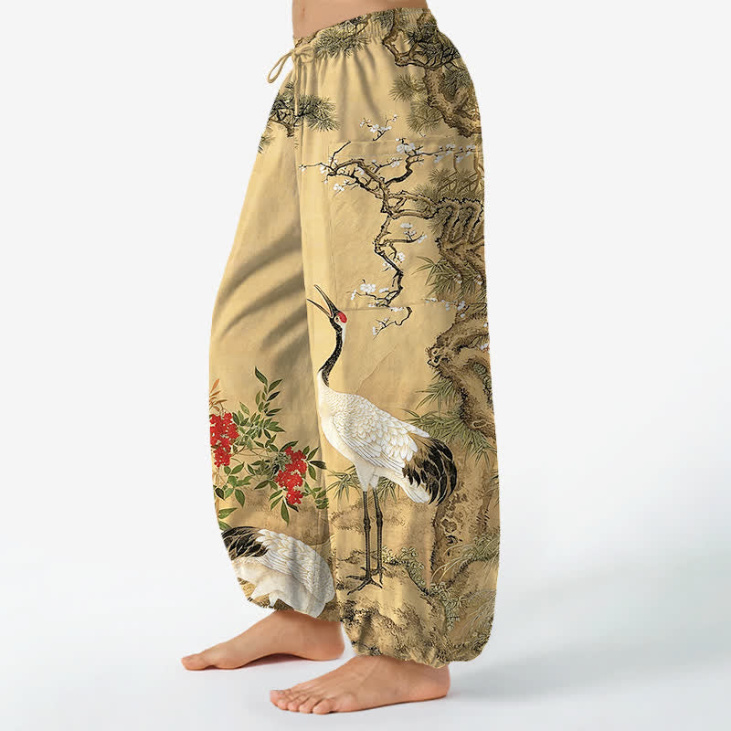 Buddha Stones Pantalon harem pour femme en coton à motif de grues orientales et de fleurs de pin, taille élastique et poches latérales - image 1