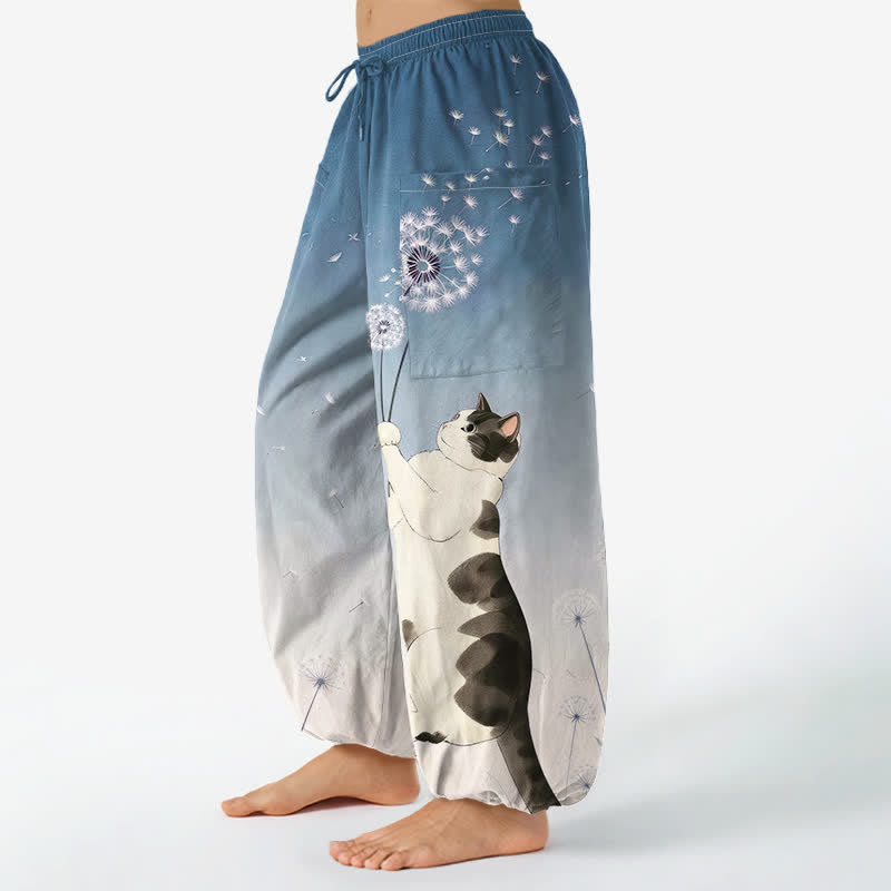 Buddha Stones Pantalon harem pour femme en coton à motif vache, chat et pissenlit, taille élastique et poches latérales - image 1