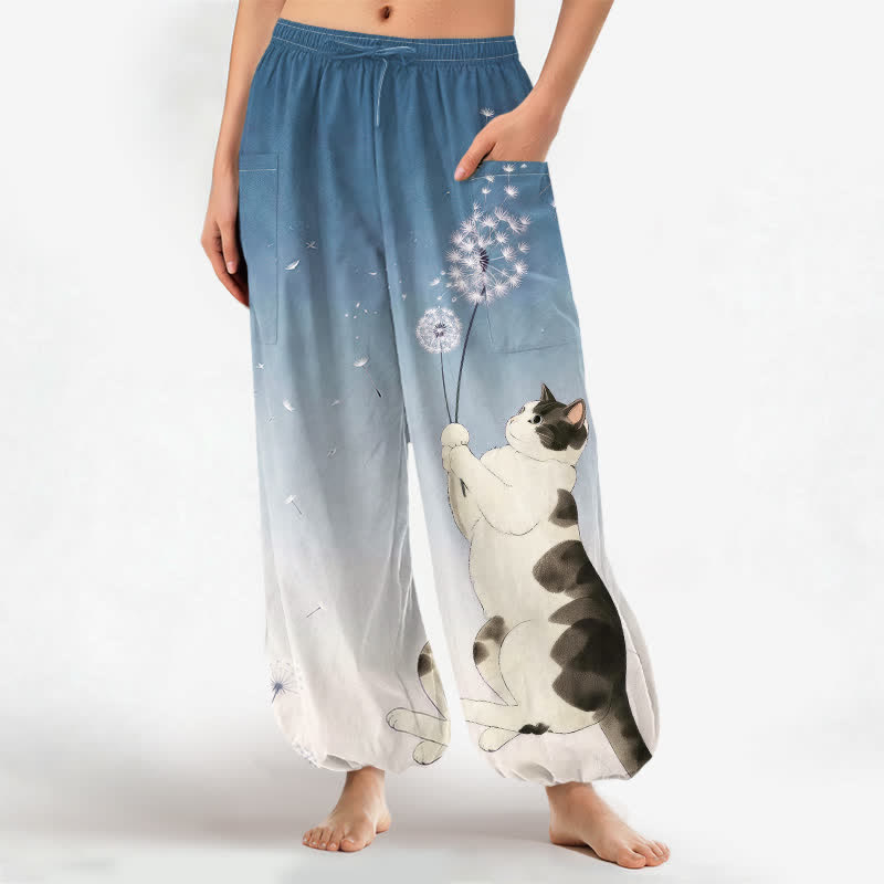 Buddha Stones Pantalon harem pour femme en coton à motif vache, chat et pissenlit, taille élastique et poches latérales - SteelBlue - US16，UK/AU20，EU48 (3XL) - image 0