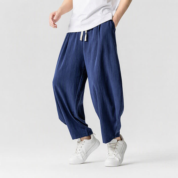 Buddha Stones Pantalon sarouel homme décontracté printemps-été à cordon de serrage, coupe courte, uni, avec poches - image 3
