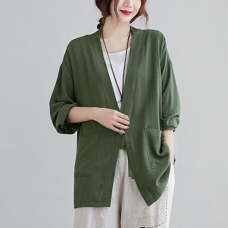 Buddha Stones Chemises à manches longues pour femmes, style minimaliste, décontractées, unies, avec poches, printemps-été - Vert olive foncé - US4, UK/AU8, EU36 (L) - image 0