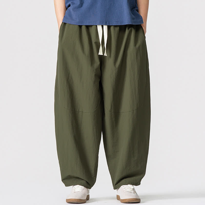 Buddha Stones Pantalon harem minimaliste basique printemps automne cordon de serrage uni cheville pantalon harem homme avec poches - Vert olive - US/UK/AU46, EU56 (5XL) - image 0
