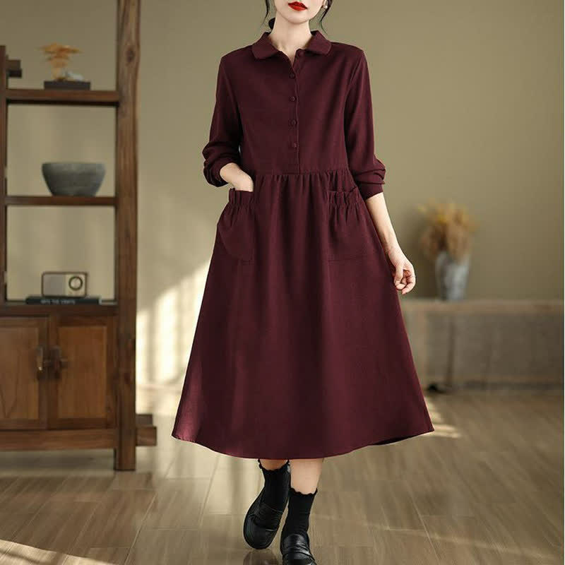Buddha Stones Robe longue bordeaux unie, style minimaliste classique, boutonnée, à manches longues et poches, idéale pour le printemps. - Bordeaux - US8-10, UK/AU12-14, EU40-42 (2XL) - image 0