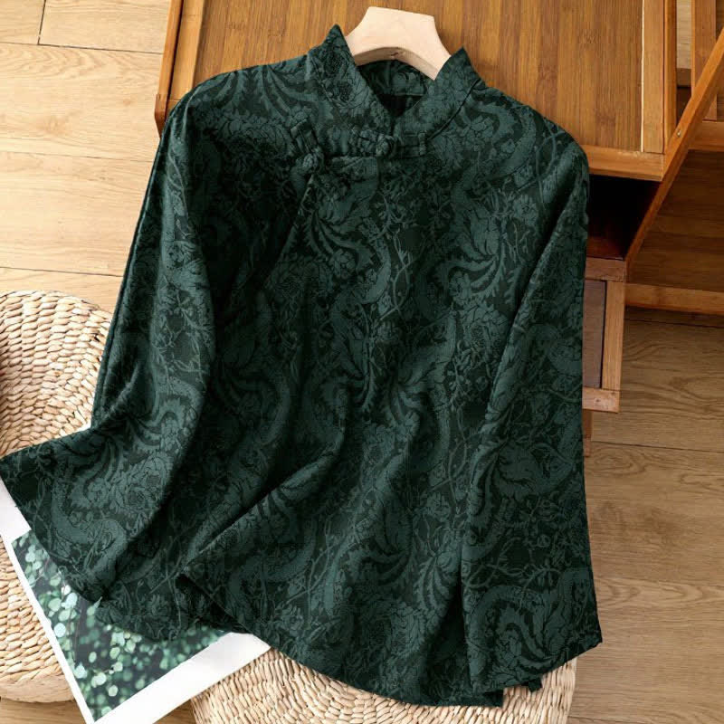 Buddha Stones Chemises à manches longues pour femmes, élégantes, style Tang, col mandarin, à fleurs Pankou, automne. - Vert foncé - US6, UK/AU10, EU38 (XL) - image 0