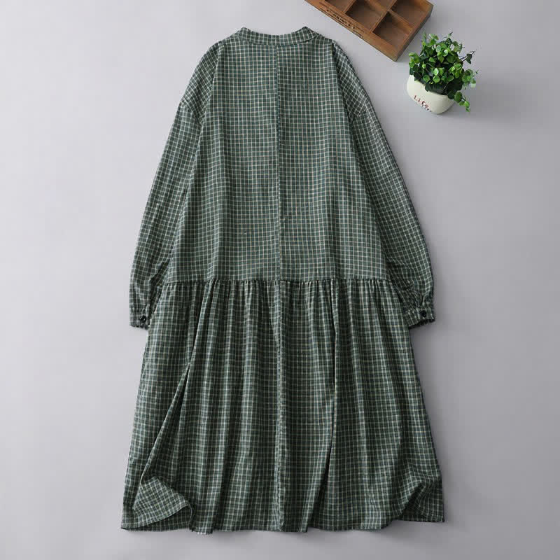 Buddha Stones Robe à carreaux vintage décontractée d'automne à manches longues pour femme - image 1