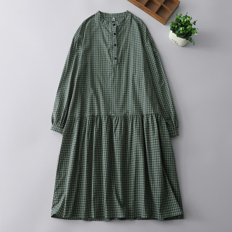 Buddha Stones Robe à carreaux vintage décontractée d'automne à manches longues pour femme - Vert foncé - US8-10, UK/AU12-14, EU40-42 (2XL) - image 0