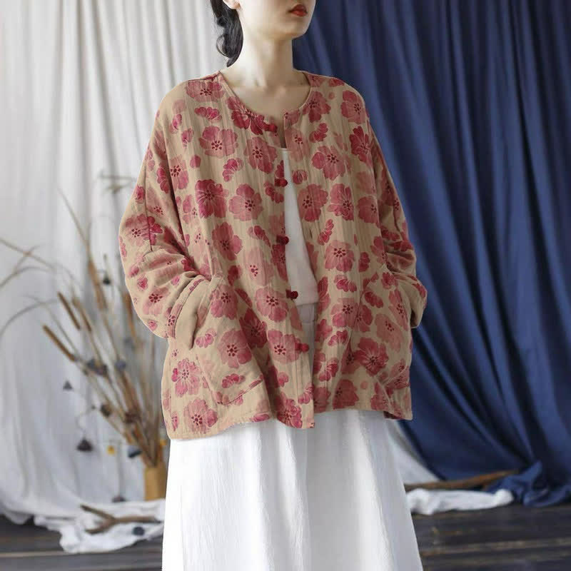 Buddha Stones Veste rose à fleurs élégante et rétro, boutonnée, avec poche, idéale pour le printemps. - image 3
