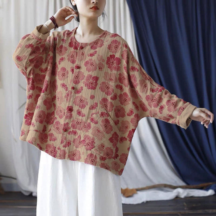 Buddha Stones Veste rose à fleurs élégante et rétro, boutonnée, avec poche, idéale pour le printemps. - BurlyWood - US14, UK/AU18, EU46 (2XL) - image 0