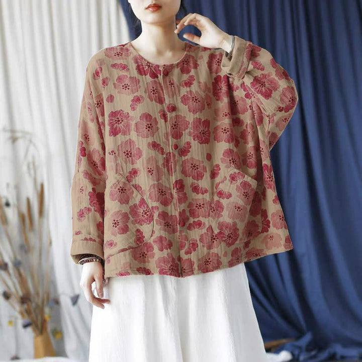 Buddha Stones Veste rose à fleurs élégante et rétro, boutonnée, avec poche, idéale pour le printemps. - image 1