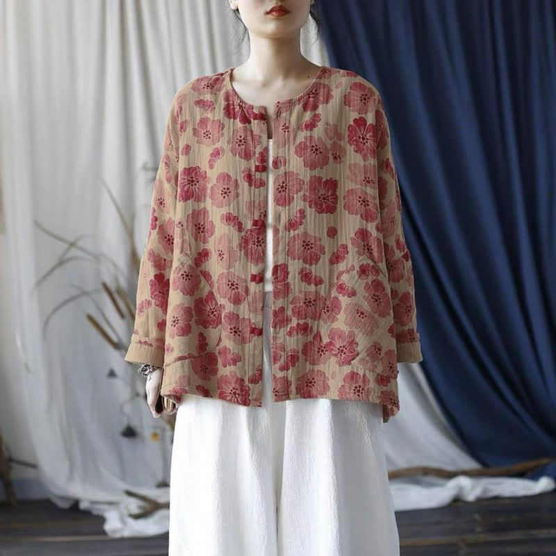 Buddha Stones Veste rose à fleurs élégante et rétro, boutonnée, avec poche, idéale pour le printemps. - image 2
