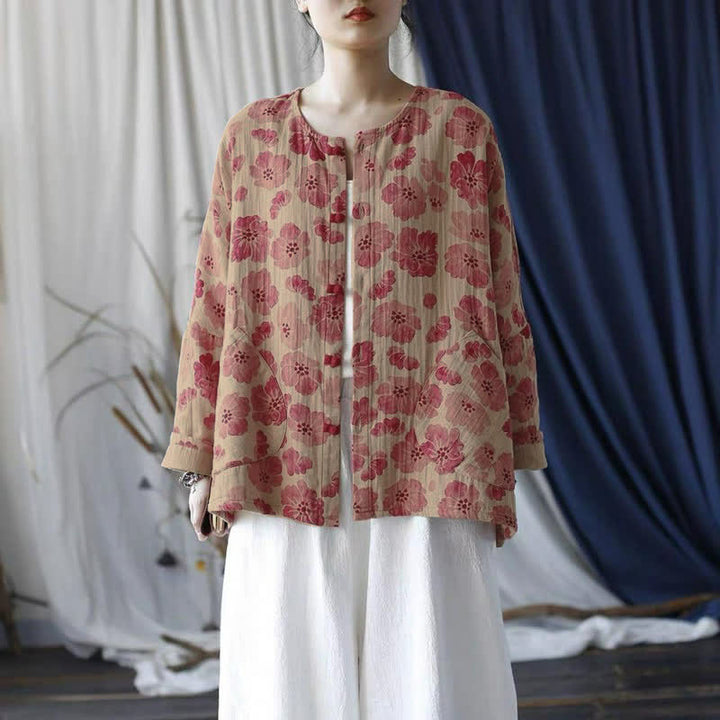 Buddha Stones Veste rose à fleurs élégante et rétro, boutonnée, avec poche, idéale pour le printemps. - image 2
