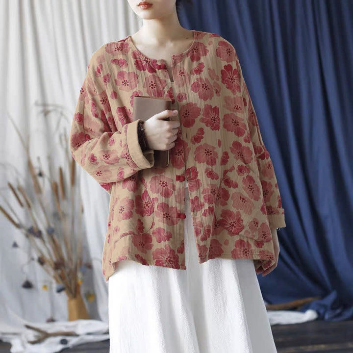 Buddha Stones Veste rose à fleurs élégante et rétro, boutonnée, avec poche, idéale pour le printemps. - image 4
