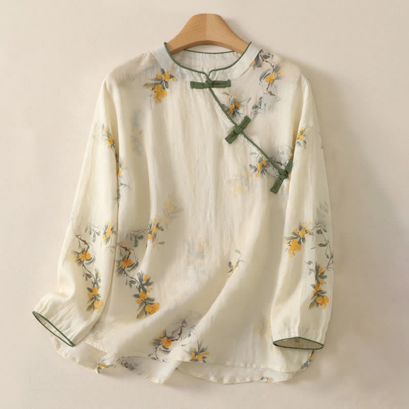Buddha Stones Chemises à manches longues pour femmes, style vintage, col mandarin, boutons brandebourg, motif floral loquat jaune - Blanc antique - US8-10, UK/AU12-14, EU40-42 (2XL) - image 0