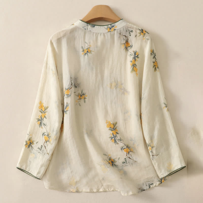 Buddha Stones Chemises à manches longues pour femmes, style vintage, col mandarin, boutons brandebourg, motif floral loquat jaune - image 1