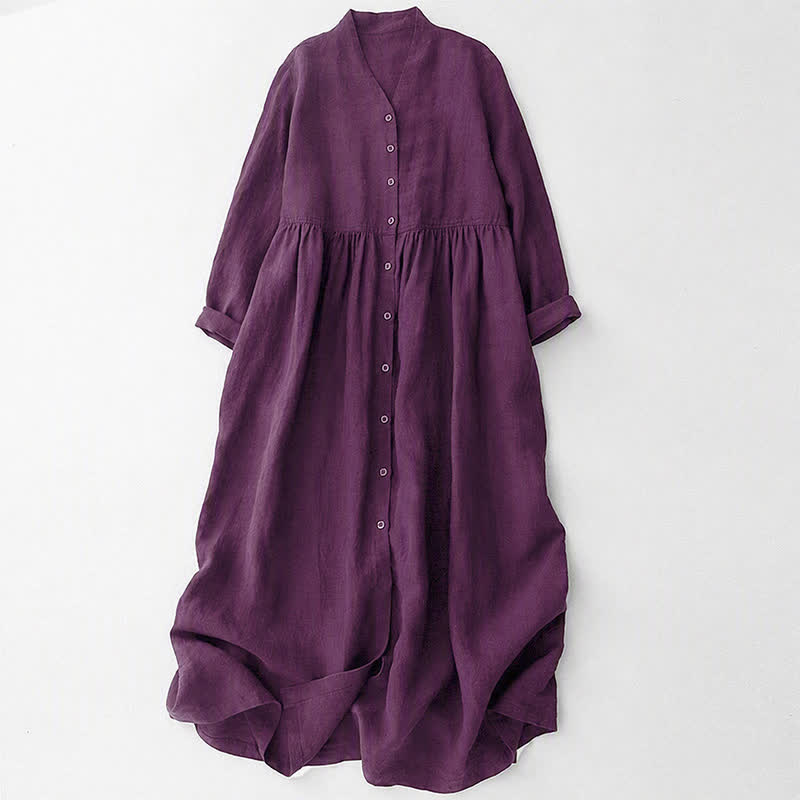 Buddha Stones Robe longue violette décontractée et minimaliste à manches longues et poches, boutonnée, pour femme, idéale pour l'automne. - Violet - US8-10, UK/AU12-14, EU40-42 (2XL) - image 0