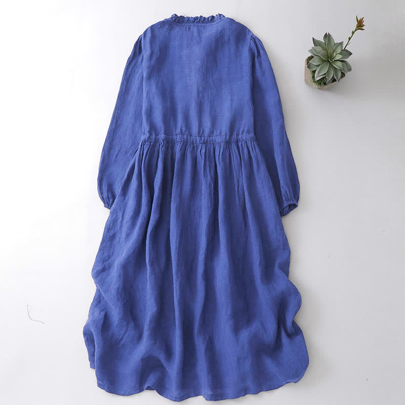 Buddha Stones Robe bleue à manches longues et poches, style vintage décontracté, boutonnée et à cordon de serrage, idéale pour le printemps et l'automne. - image 1