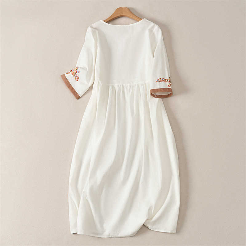 Robe midi femme à manches courtes et broderie ethnique printanière avec Buddha Stones - image 1