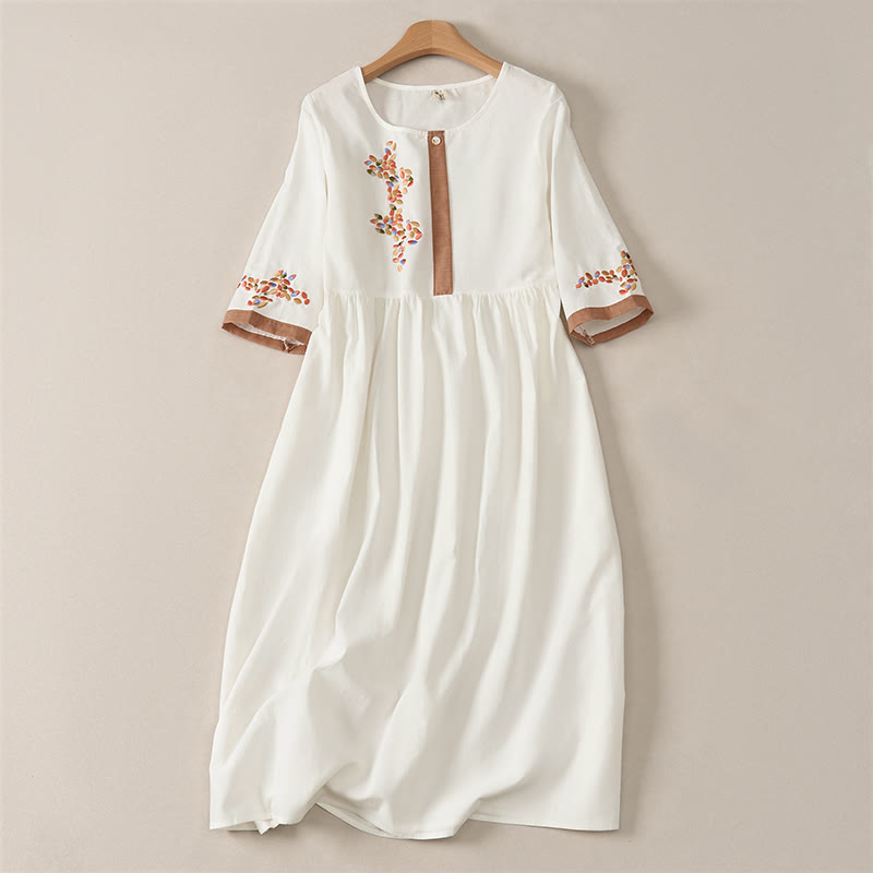 Robe midi femme à manches courtes et broderie ethnique printanière avec Buddha Stones - Blanc - US12，UK/AU16，EU44 (2XL) - image 0