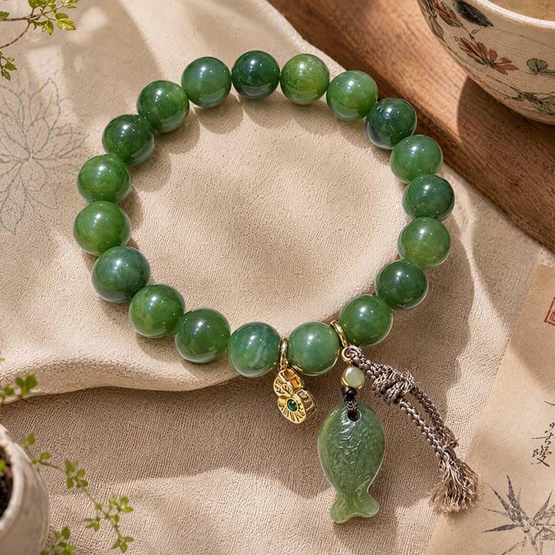 Buddha Stones Bracelet de prospérité en calebasse de jade cyan naturel avec motif de carpe koï - Jade cyan (Tour de poignet : 6,3–6,7 po / 16–17 cm) - image 0