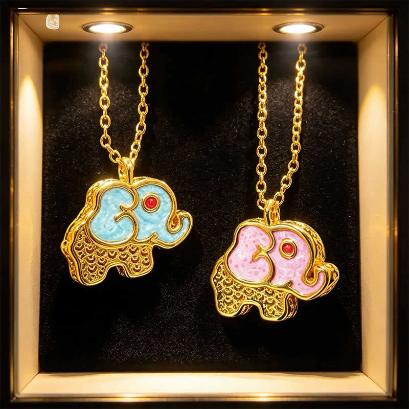 Buddha Stones Collier pendentif éléphant porte-bonheur ajouré en cuivre plaqué or 24 carats - image 0