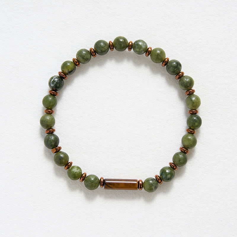 Buddha Stones Bracelet orné d'une perle ronde en agate mousse verte et d'un œil de tigre - image 4
