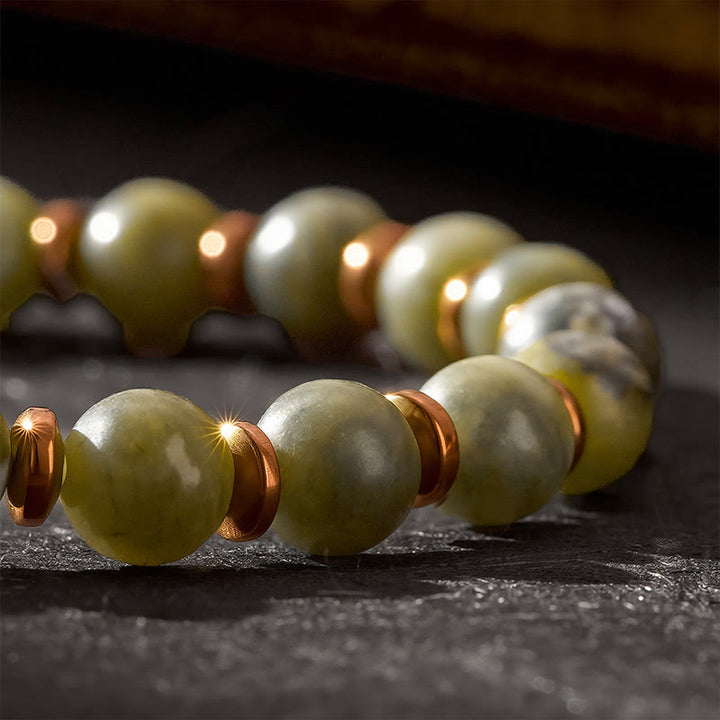 Buddha Stones Bracelet orné d'une perle ronde en agate mousse verte et d'un œil de tigre - image 9