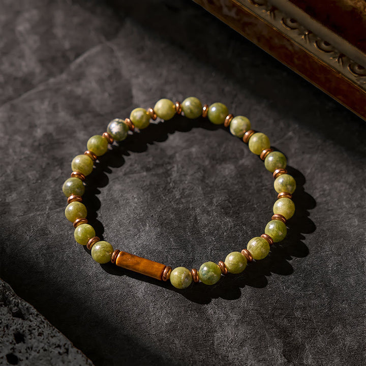 Buddha Stones Bracelet orné d'une perle ronde en agate mousse verte et d'un œil de tigre - image 3